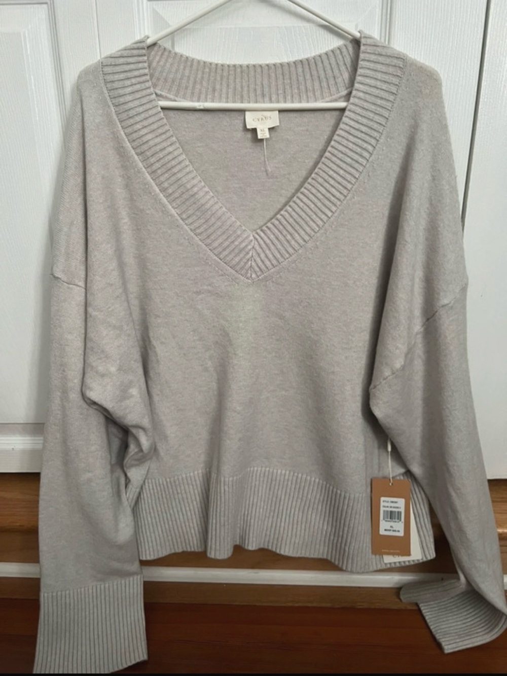 Cyrus V-Neck Ribbed Hem Sweater in Light Gray